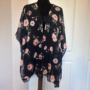 Live 4 Truth Sheer Black with Florals Open Front Kimono ‎ Swim Cover up Size 3X
